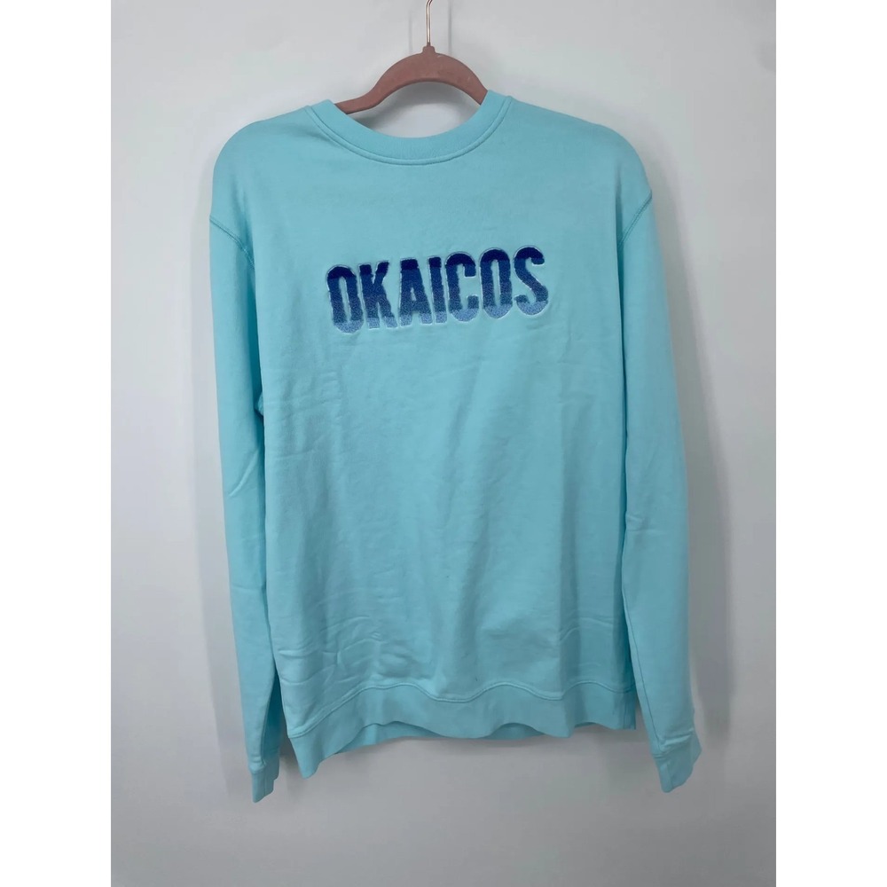 Okaicos Mens Crewneck Sweatshirt Pullover Size L Light Blue Graphic Logo Cotton
